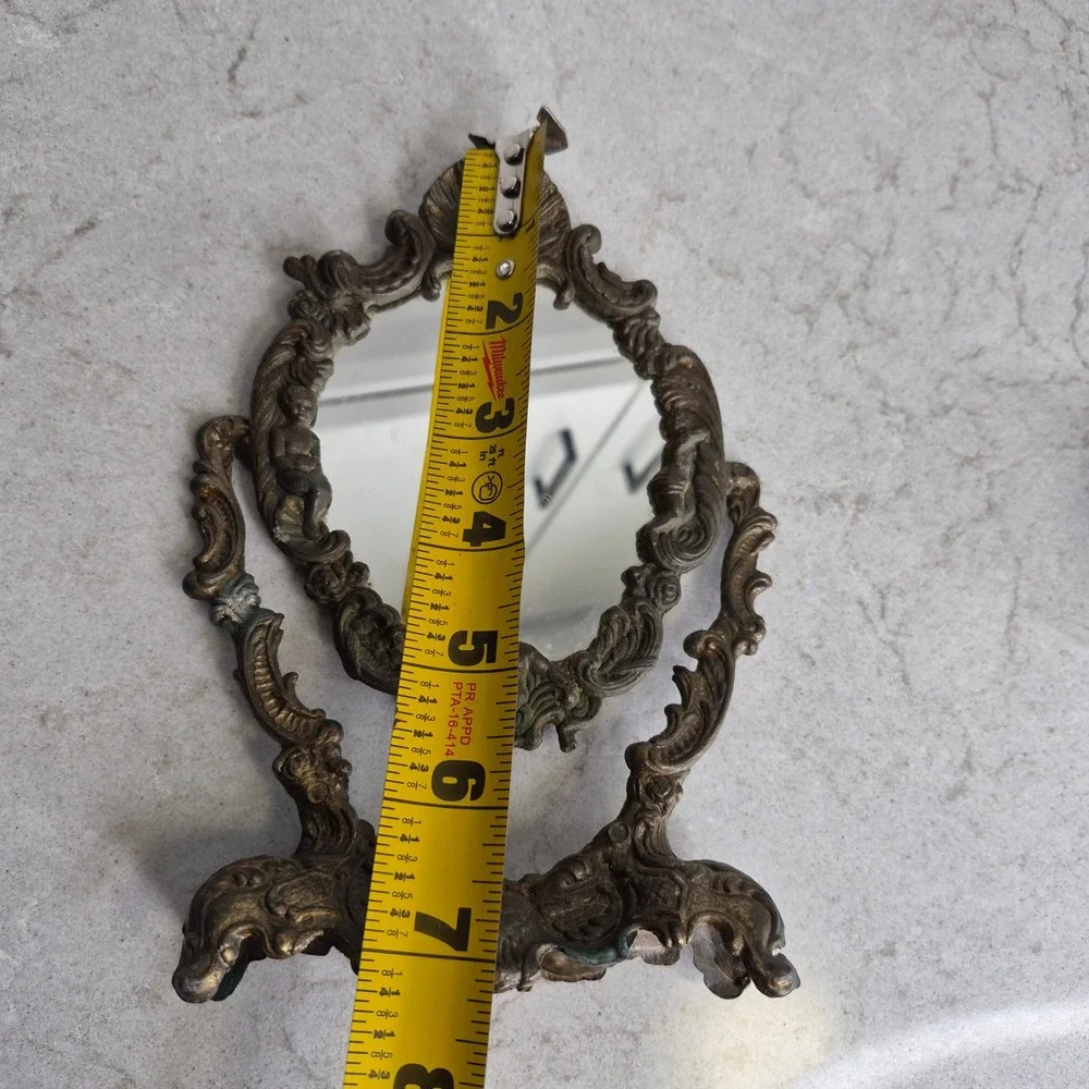 Vintage Vanity Mirror Ornate Cherub Brass Small Gold